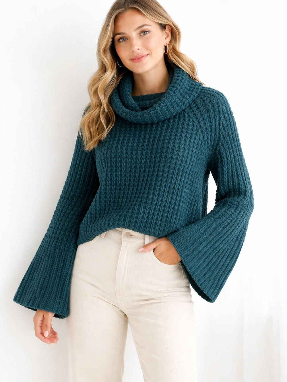 Maeve Dionne Bell Sleeve Sweater Small Teal Cowl Neck Boho Crochet Knit